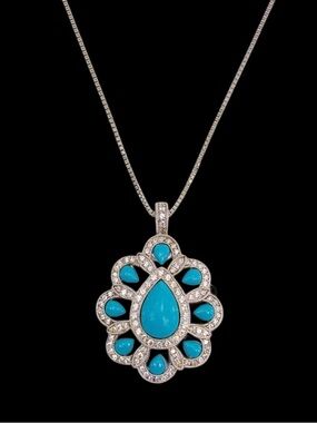Turquoise and cubic zirconia stone pendant necklace w/ teardrop center bead NEW